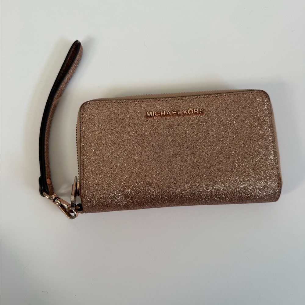 Michael Kors Glittery Rose Gold Zip Wristlet